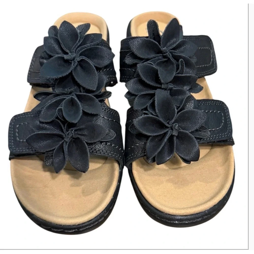 Clarks Merliah Raelyn Black Leather Floral Slide Wedge Sandals Womens 7 M
